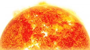 Dramatic telescopic close-up image of the sun on white background